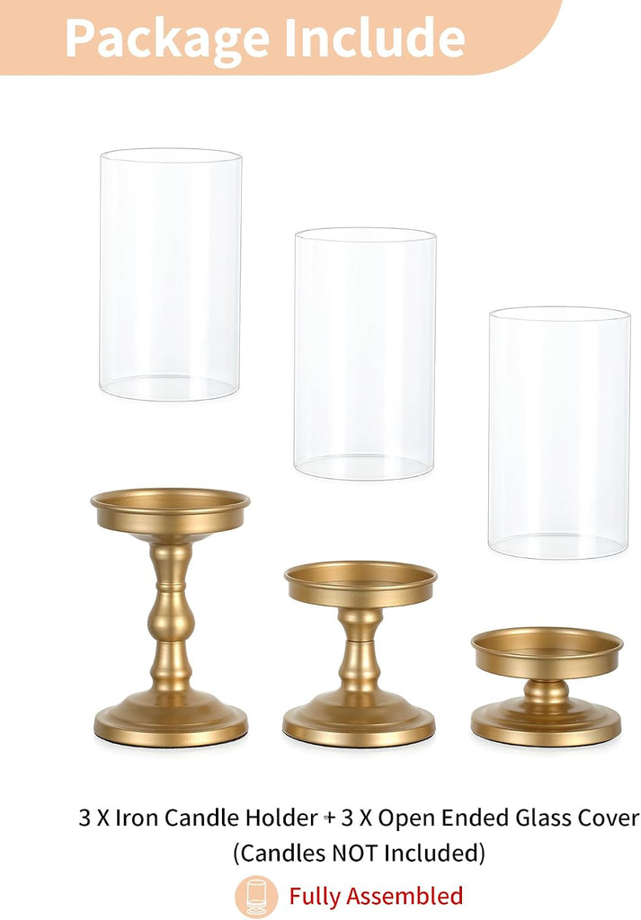 Hurricane Glass Candle Holders: Gold Pillar Candle Stand with Open Ended Chimney - Set of 3 Metal Candleholder for