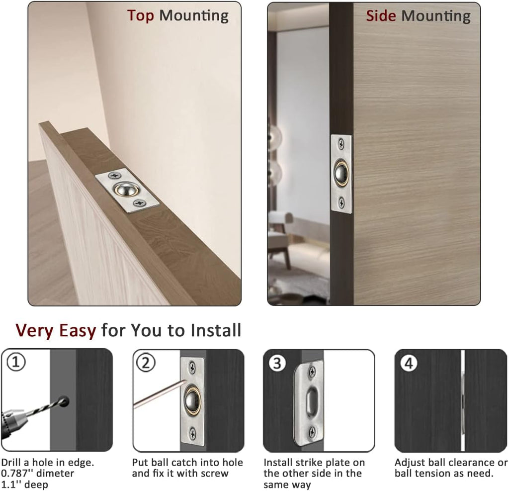 Closet Door Ball Catch Hardware, Stainless Steel Catch Adjustable with Strike Plate, Brushed Satin Finish 2 Pack