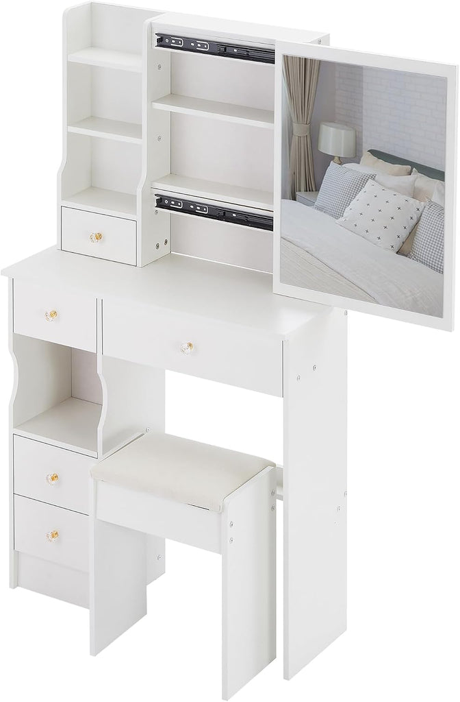29.2" Small Space Makeup Vanity Table with Stool, Sliding Large Mirror Dressing Desk with Drawer Storage, Compact