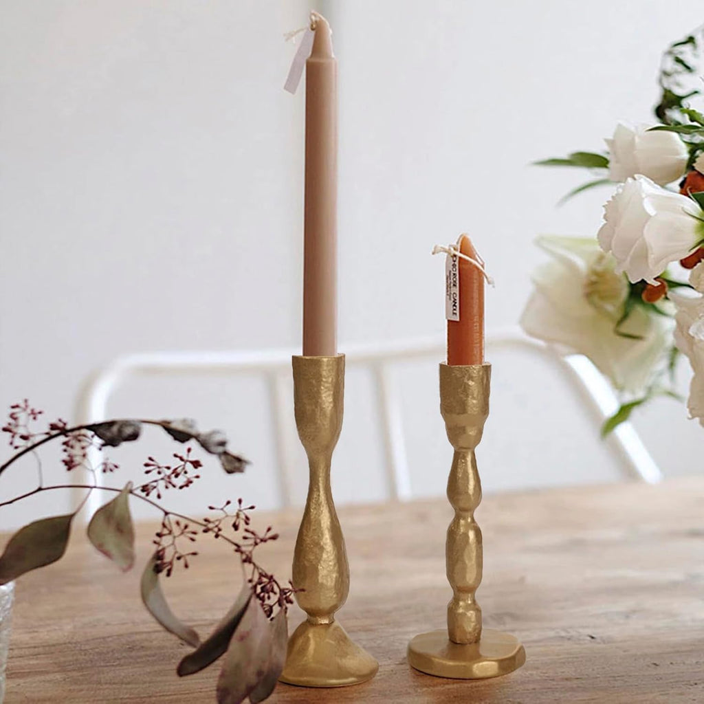Antique Brass Handcrafted Iron Taper Candle Holders - Set of 2 Decorative Candlesticks for Weddings, Dining, and