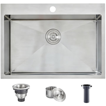 28x18 Inch Drop in 16 Gauge Top Mount Handmade T304 Brushed Nickel, Stainless Steel Single Bowl Workstation Topmount