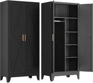 Wardrobe Closet with Doors, Metal Bedroom Armoire with Adjustable Hanging Rod and Shelves, Farmhouse Broom Closet