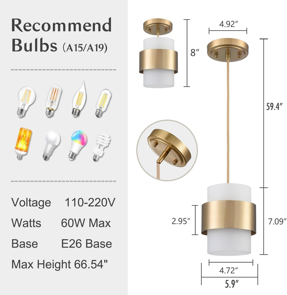 Modern Mini Gold Pendant Light Fixtures Frosted Cylinder Glass | Small Milk White Glass Shade Hanging Lamp Adjustable