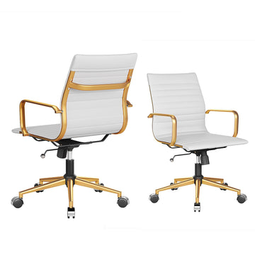 Ergonomic Office Chair White and Gold Leather Desk Chair, Mid Century Comfy Executive Computer Chair Adjustable