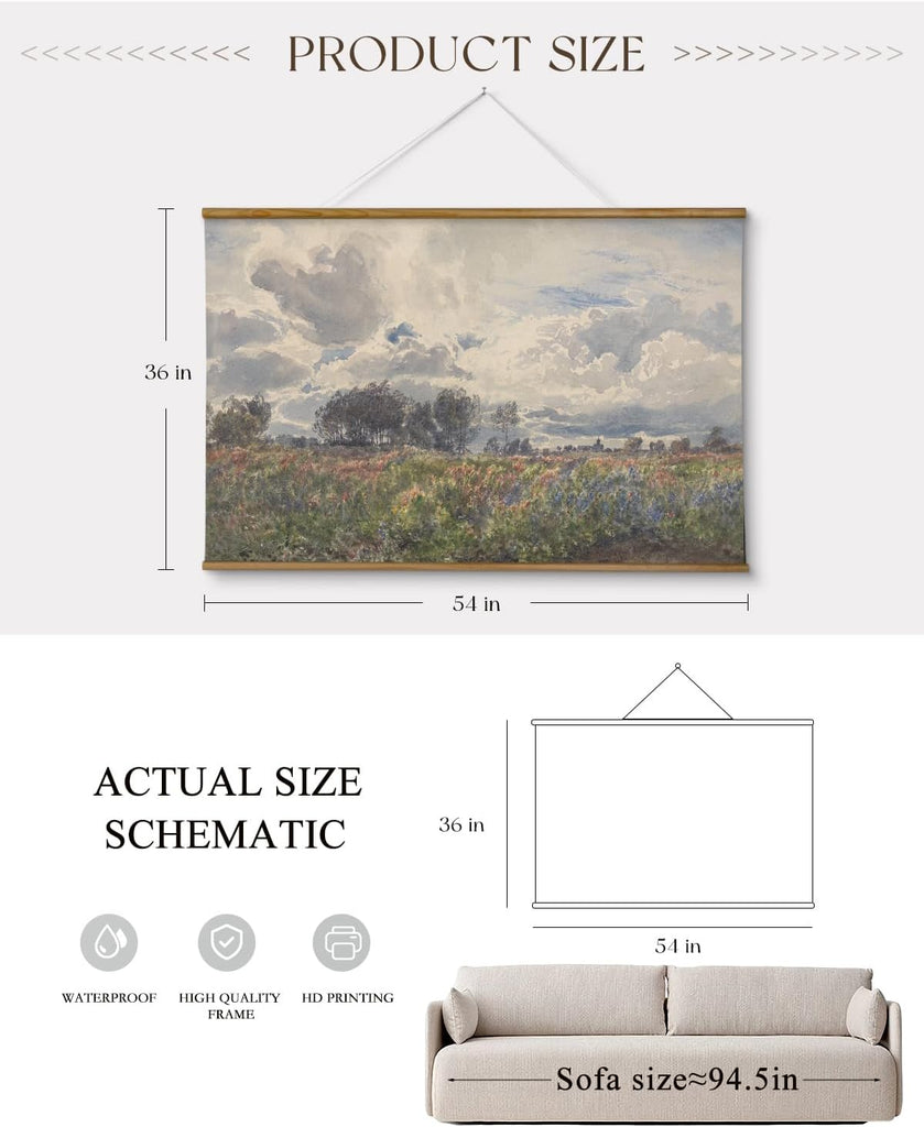 Extra Large Vintage Framed Wall Art, 36x54 Inch Farmhouse Retro Watercolor Sky Field Landscape Hanging Wall Art