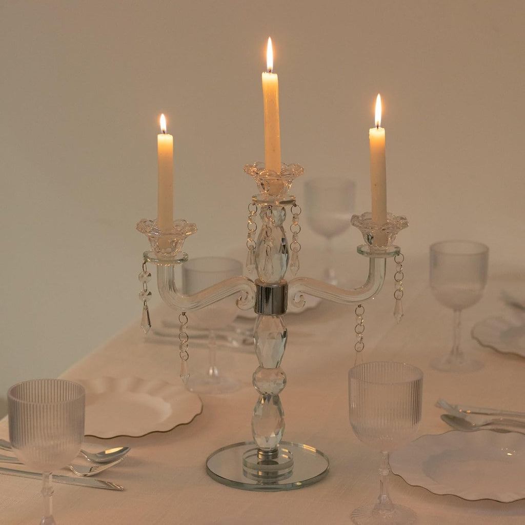Crystal 3-Arm Candelabra Taper Candle Holder with Hanging Prisms & Round Mirror Base - Faceted Cut Glass Design - 14"