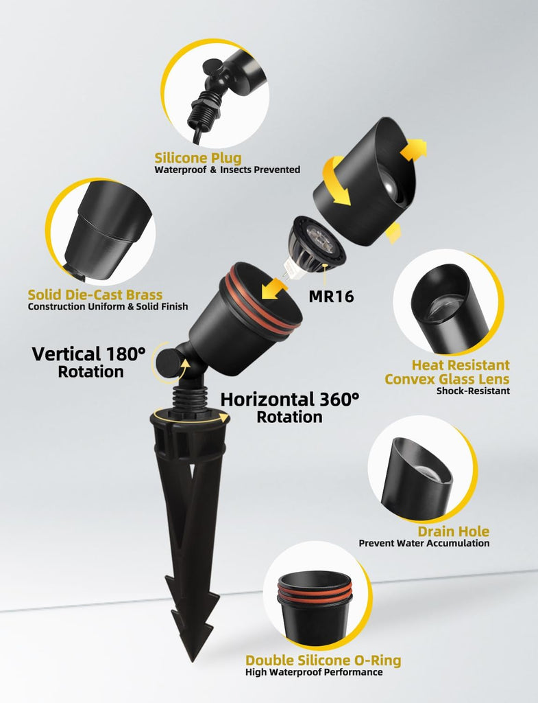 Brass Low Voltage Landscape Spotlight(Black) 6-Pack with 5W Aluminum Housing MR16 LED Bulb 2700K 450LM CRI85+,12V
