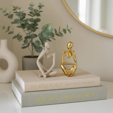 Decorative Books & Thinker Sculptures Set - Linen Boxes & Resin Figurines Enhance Your Coffee Table, Bookshelf or