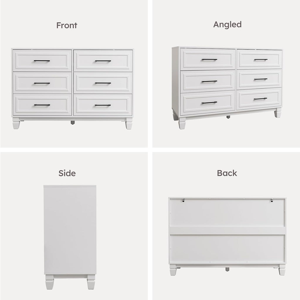 Farmhouse 6 Drawers Dresser , White Dressers with Unique Solid Wood Legs, Modern Wide Chest Dressers for Clothes