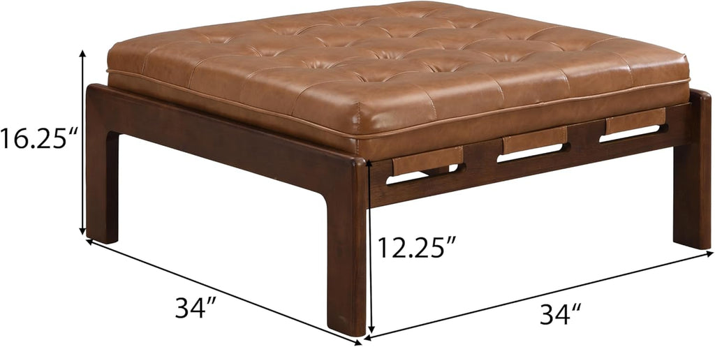 Yorick Modern Square Faux Leather Upholstered Living Room Cocktail Ottoman/Coffee Table, Rubberwood Frame, Tufted