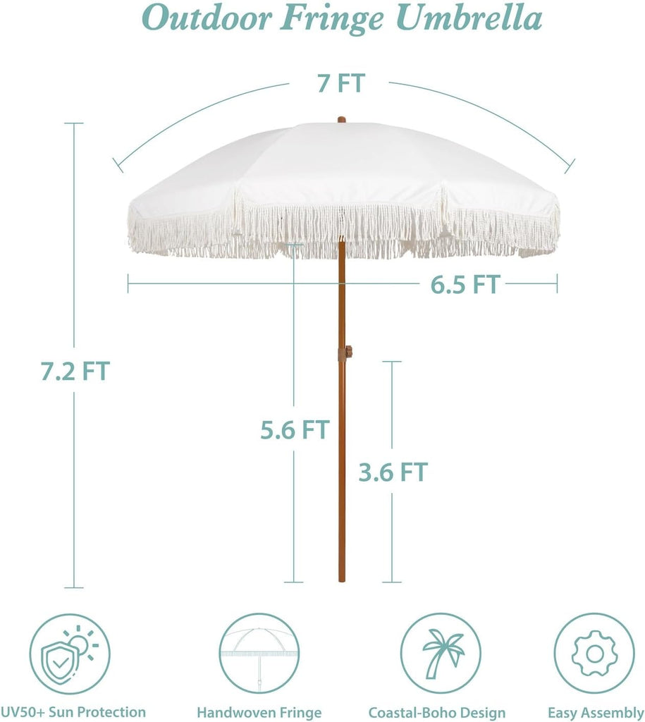 7ft Patio Umbrella with Fringe Outdoor Tassel Umbrella UPF50+ Premium Steel Pole and Ribs Push Button Tilt, Cream White