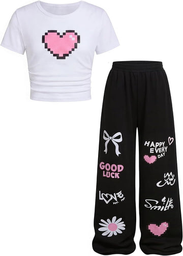 Clothes 2 Piece Cute Pixel Heart-Print Top Graffiti-Print Pants Sets