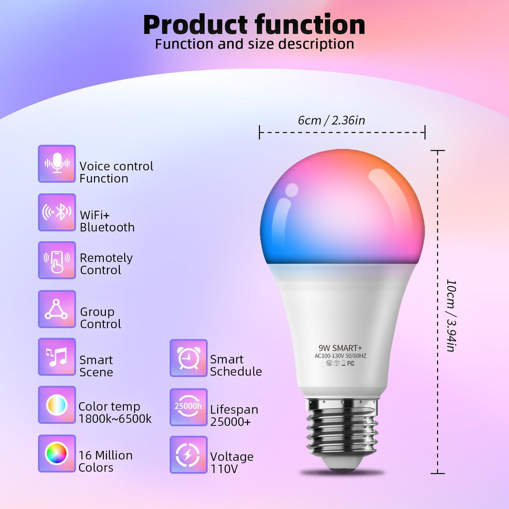 Smart Light Bulbs with Remote, Color Changing Dimmable Multicolor LED Bulb, Works with Alexa & Google Home, 9W A19