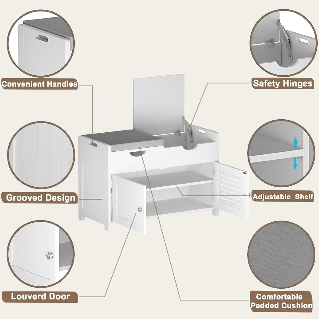 Shoe Storage Bench with Lift Top Storage, Entryway Bench with 2 Cushioned Seats, 3 Compartments, Adjustable Shelf
