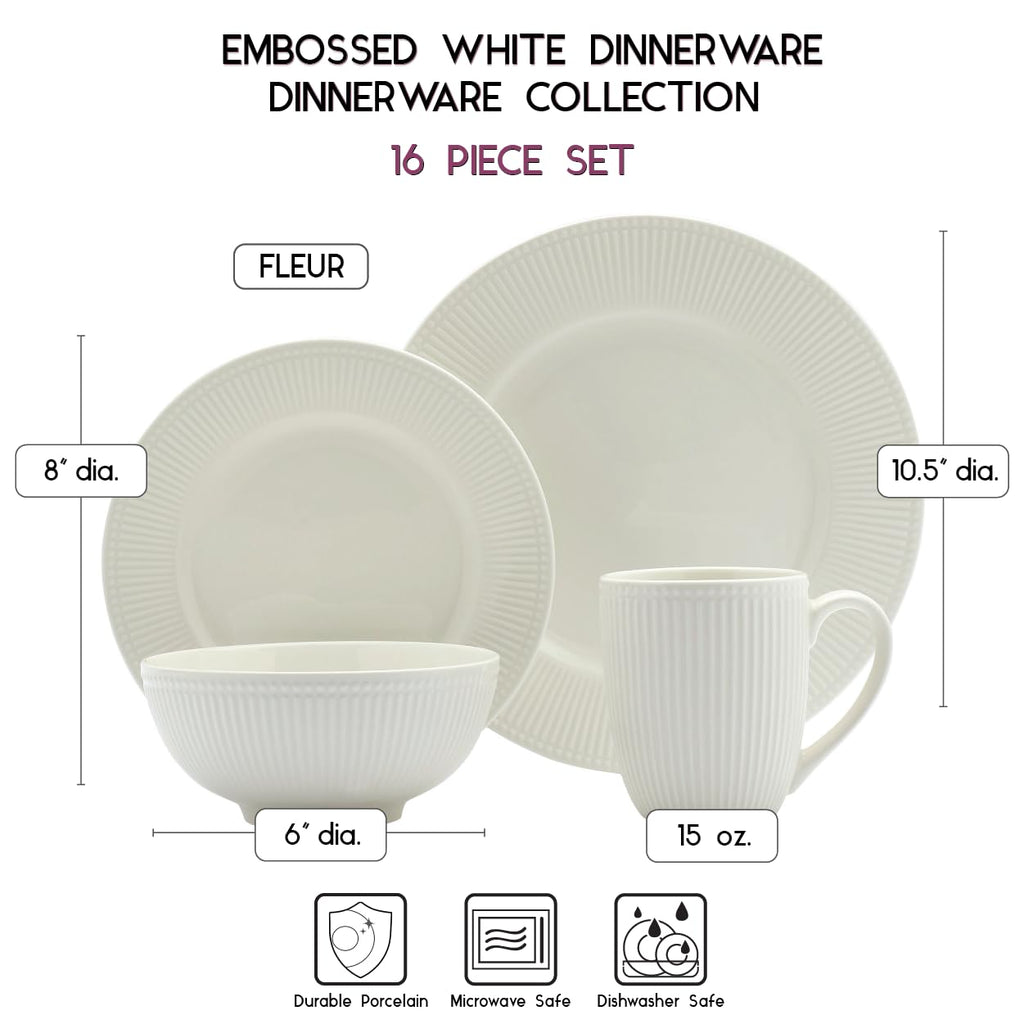 Gallery Embossed Bone White Porcelain Round Dinnerware Collection- Chip Resistant Scratch Resistant, Fleur 16 Piece
