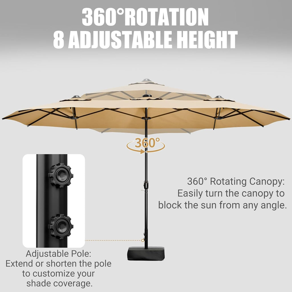 15FT Double-Sided Patio Umbrella with Base Included, Large Outdoor Rectangular Market Umbrella Khaki
