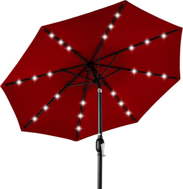 10ft Solar Polyester LED Lighted Patio Umbrella w/Tilt Adjustment and UV-Resistant Fabric - Red