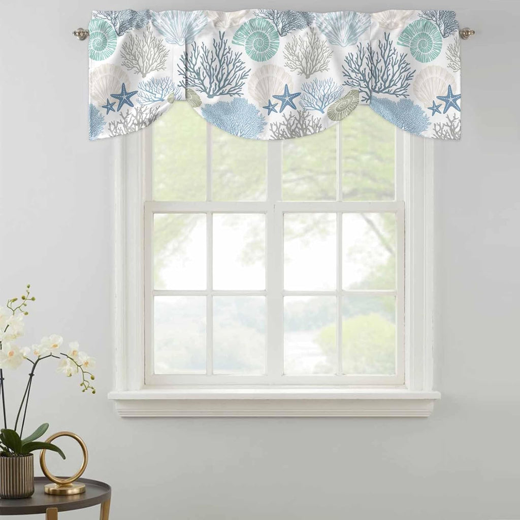 Tie Up Valance for Windows Nautical Coastal Ocean Coral Curtains Valances Rod Pocket Valance Window Treatments Beach