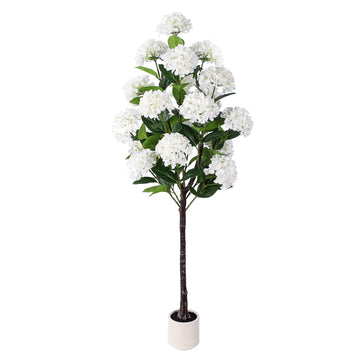 6 FT Artificial Hydrangea Tree- Large Faux Hydrangea Plants Indoor Outdoor, Fake Flower Trees with White Tall Planter
