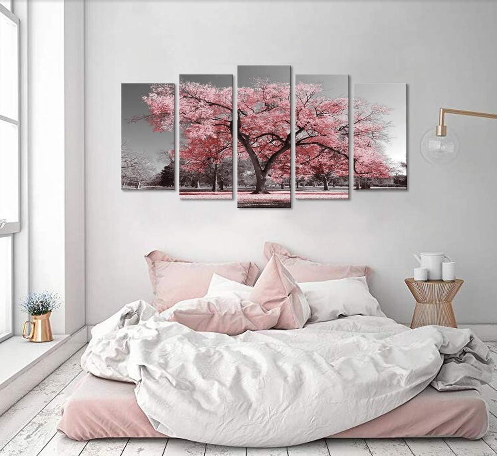Large 5 Pieces Black and White Canvas Wall Art Pink Tree Landscape Picture Prints Framed and Stretched Painting Wall