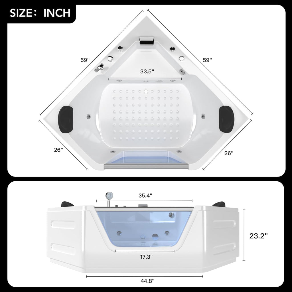 Acrylic Bath Tub with 6 Jetters | Hydromassage SPA Tub for 2 People | 59" Corner Jetted Bathtub with Waterproof