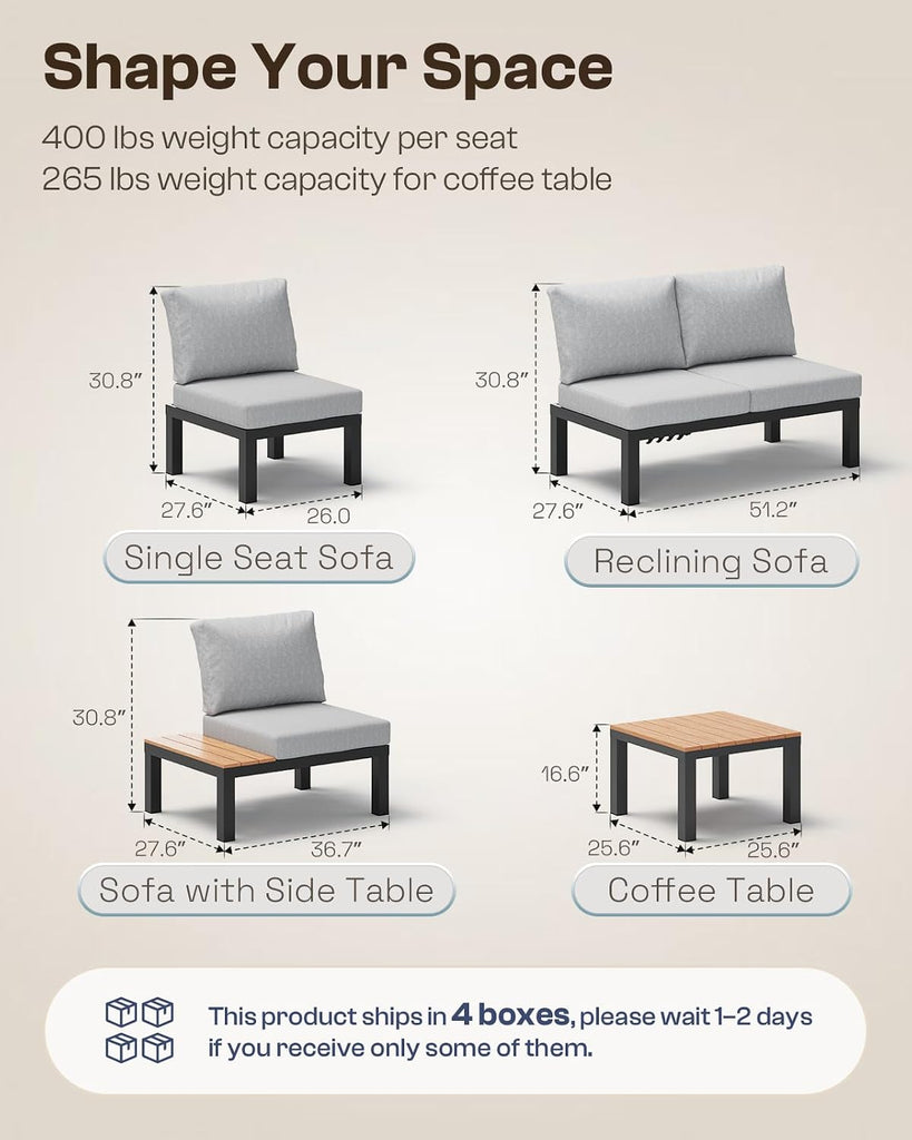 Aluminum Modular Outdoor Patio Furniture Set, 6 Seats Sectional Sofa Set with Adjustable Backrest & Thick Cushions