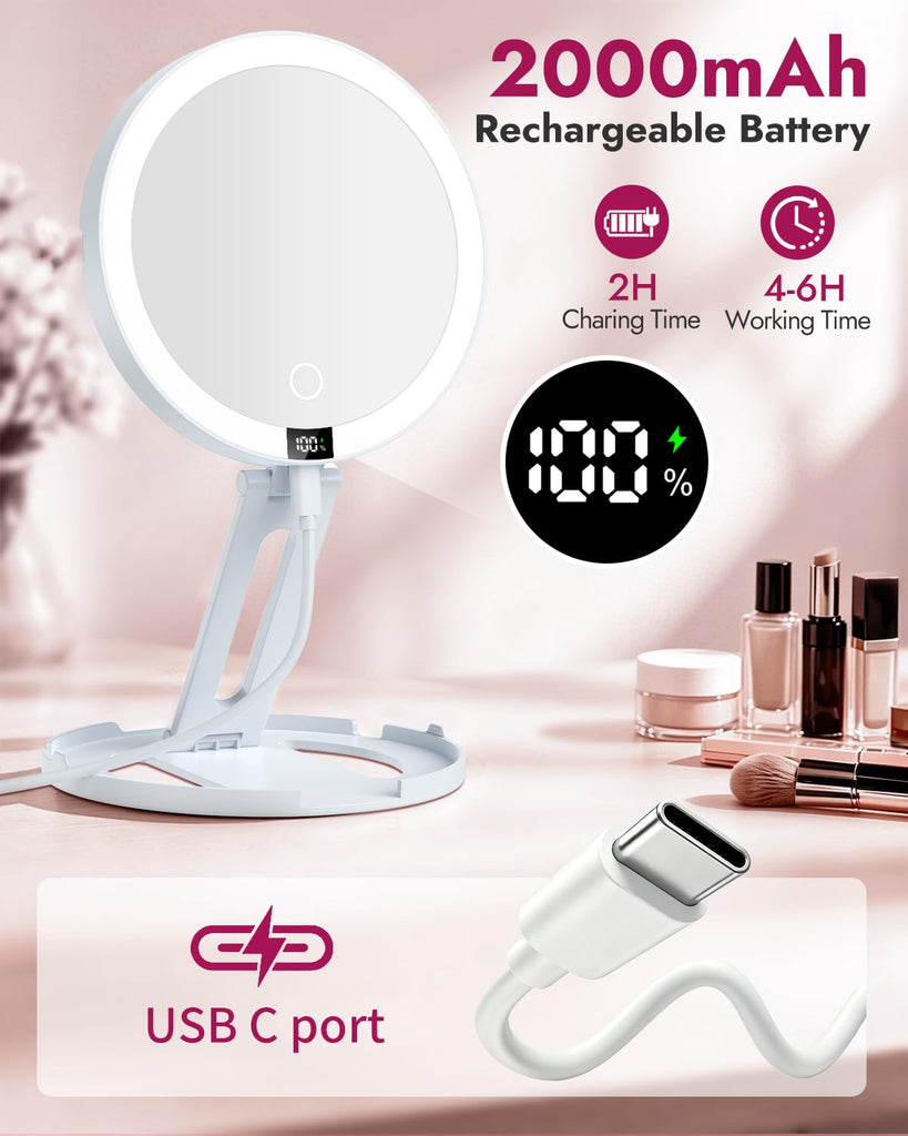 Lighted Travel Makeup Mirror with 20X Magnification & Smart Power Display, Rechargeable 2000mAh Double