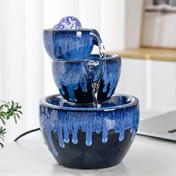Ceramic Tabletop Fountain with Ball Table Desk Office Home Decoration (Blue)