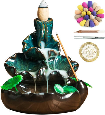 Cute Ceramic Backflow Incense Holder Waterfall Incense Burner with 48 Incense Cones and 30 Incense Stick, Incense - Set of 78
