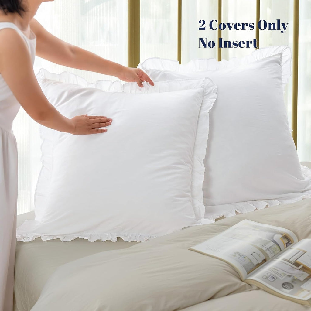 100% Washed Cotton Euro Shams with Ruffle, 2 Pack 26" x 26" Cotton Euro Sham Pillow Covers, No Insert, Ultra Soft
