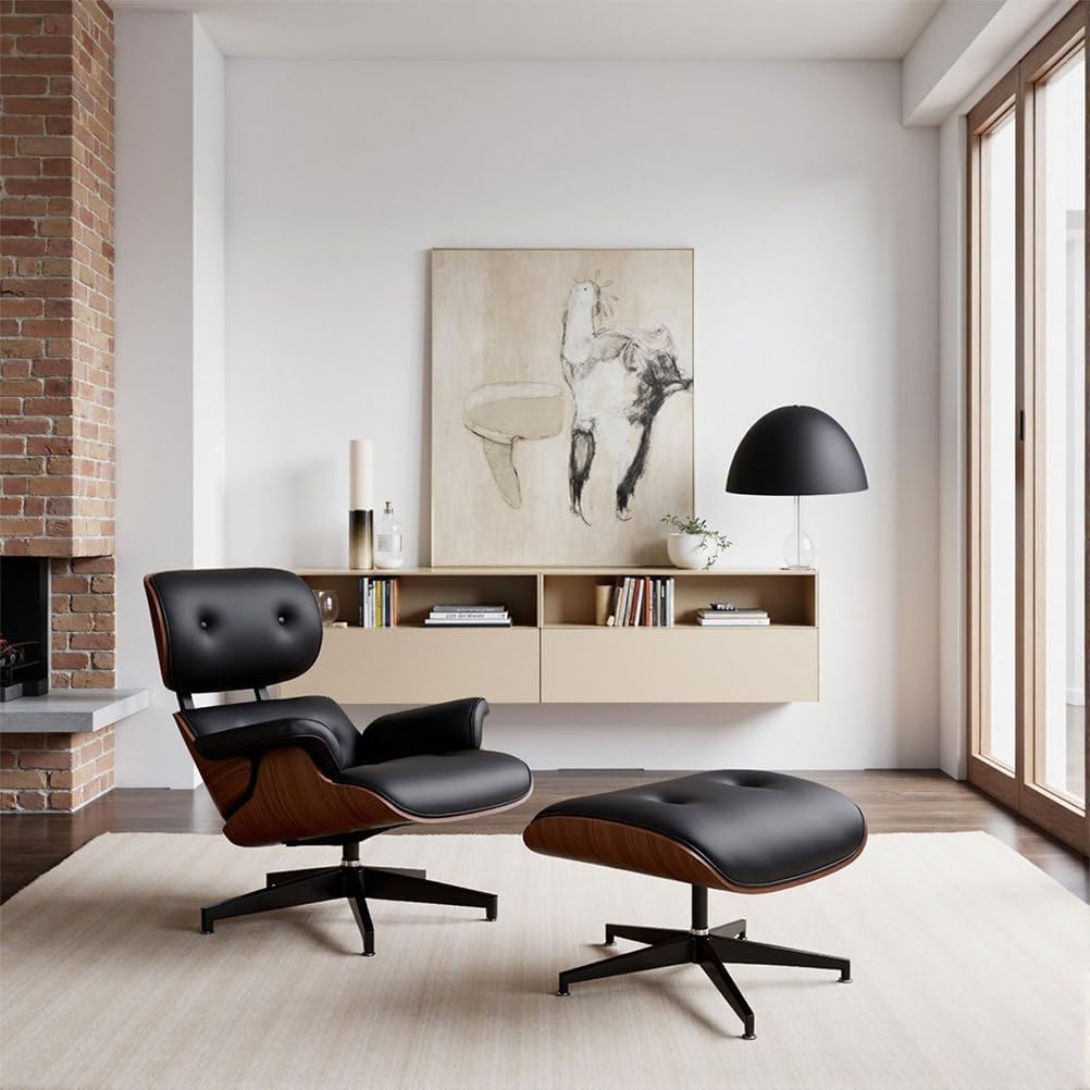 Modern Reclining Swivel Lounge Chair and Ottoman — Black Leather
