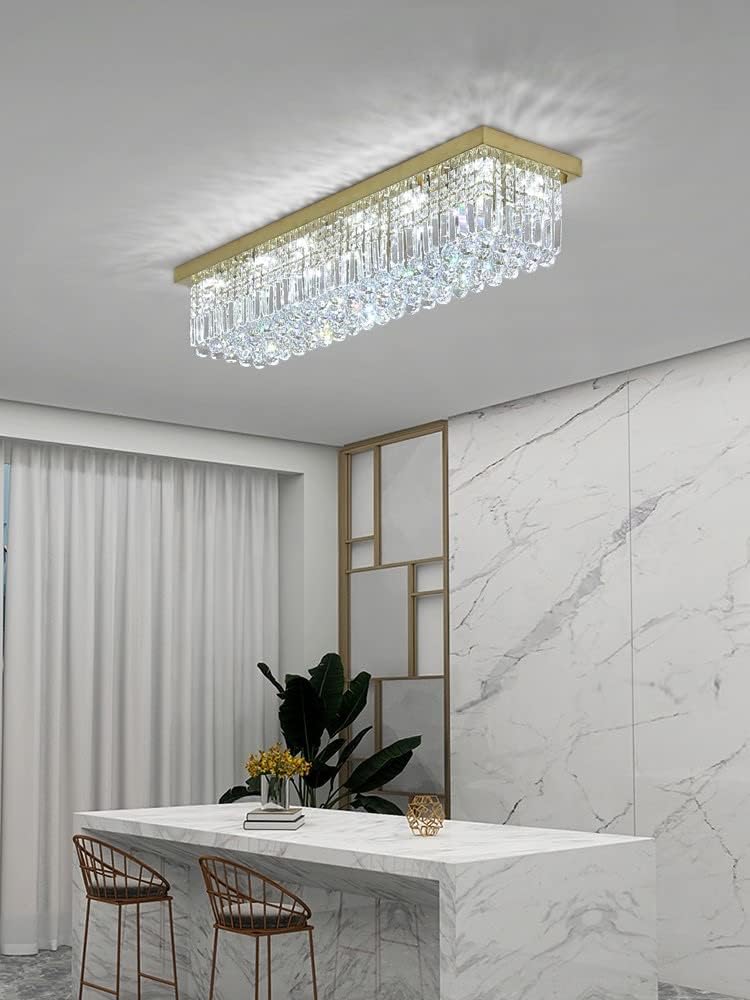 Rectangular Chandelier, Modern Dining Room Light Fixture with Raindrop Chandelier Crystals, 8 Lights Flush Mount