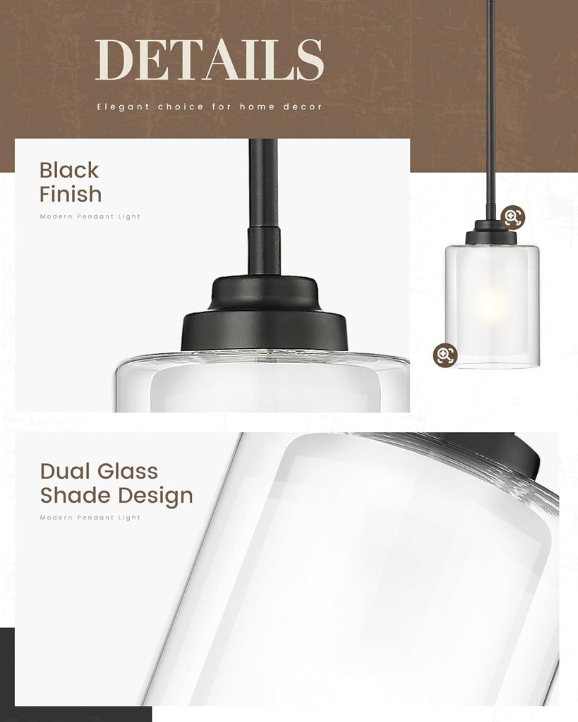 Modern Pendant Light, Matte Black Pendant Lights Kitchen Island,Farmhouse Pendant Lighting for Dining Room Bedroom