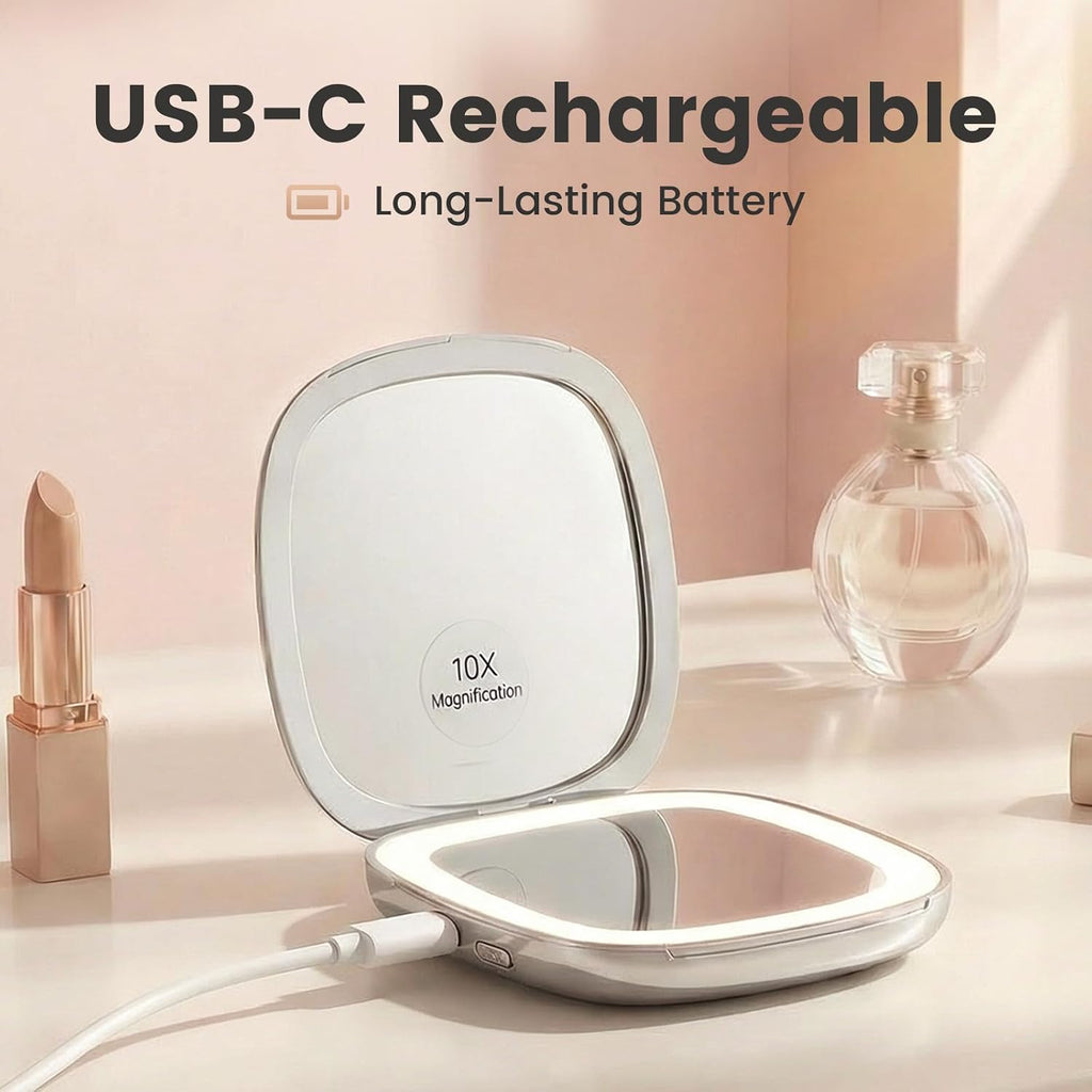 1X 10X Magnifying Compact Makeup Mirror, 3 Color Dimmable LED Lighted Travel Mirror, Double Sided 4"