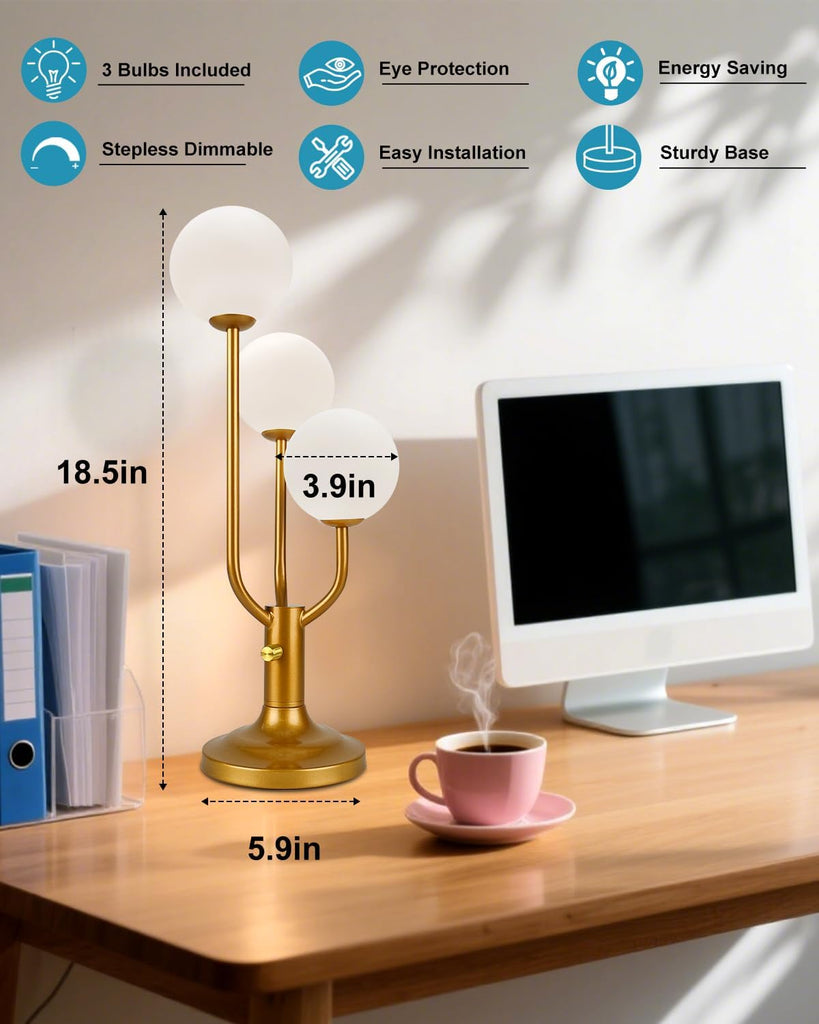 Modern Gold Globe Table Lamp Dimmable Mid Century 3-Light Desk Lamp 3000K Warmwhite Nightstand Lamp Bedside End