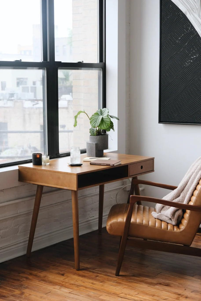 Parker Modern Home Office Writing, Computer or Laptop Desk with Open Storage Cubby and Small Drawer, Walnut