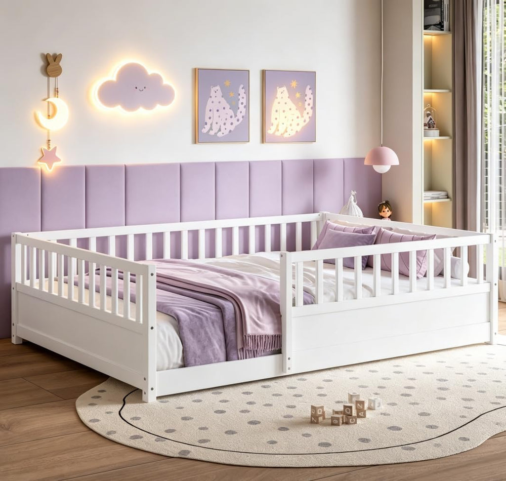 Full Size Floor Bed with high Fence, Solid Pine Wood Montessori Bed for Kids Girls Boys Floor Bed Frame, White with