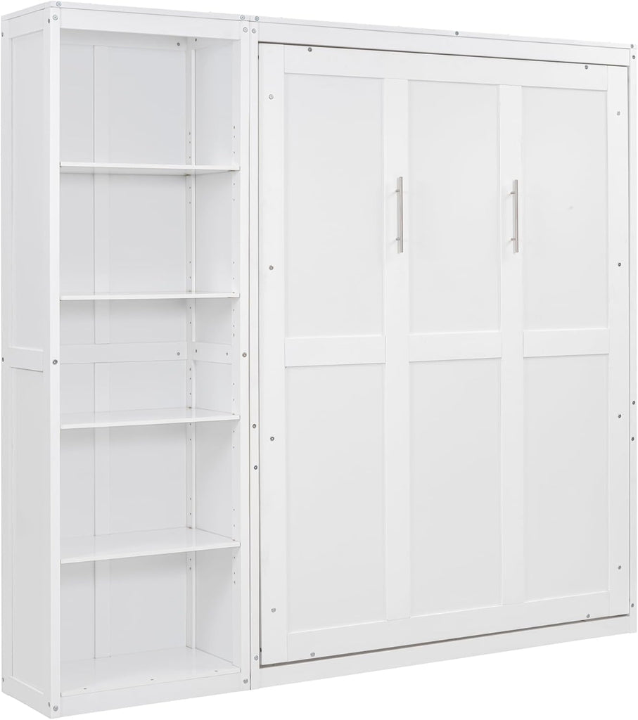 Murphy Bed with Shelves, Versatile Wall Bed, Foldable Murphy Cabinet, Full, White
