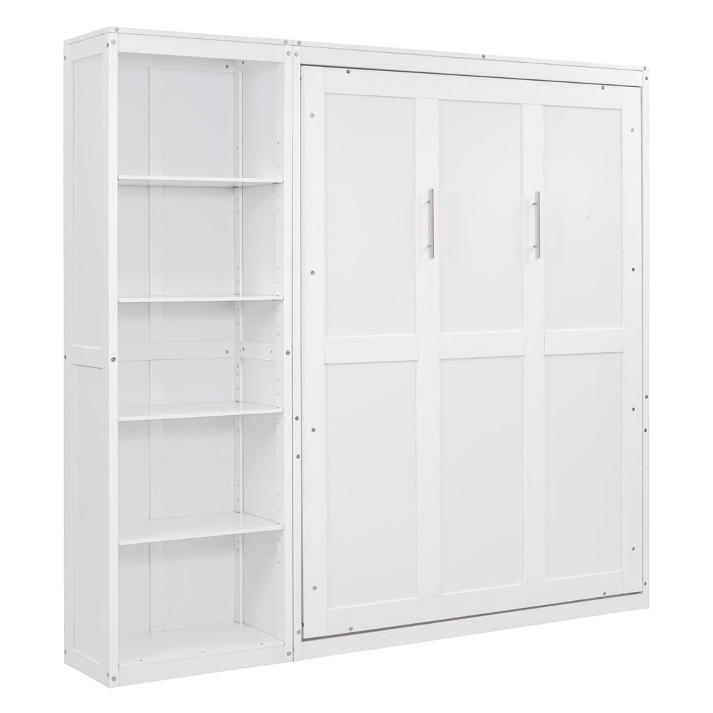 Space-Saving White Murphy Bed Full Size with Adjustable Storage Shelves, Multifunctional Foldable Wall Bed for Small