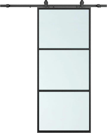 24 in. x 84 in. Full Lite Frosted Glass Black Steel Frame Interior Sliding Barn Door with Hardware K