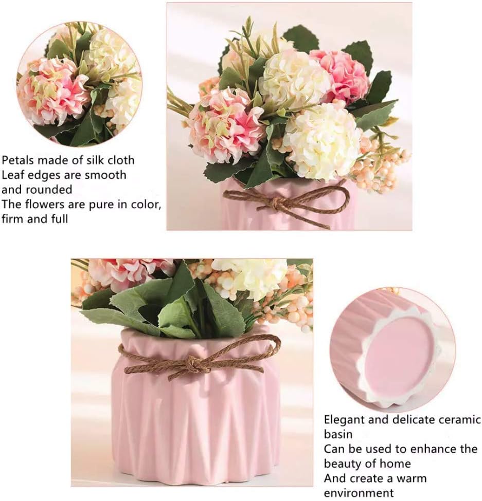 Fake Hydrangeas with Pot, Mini Hydrangea Artificial Flowers Artificial Plant in Ceramic Vase Desktop Decorations