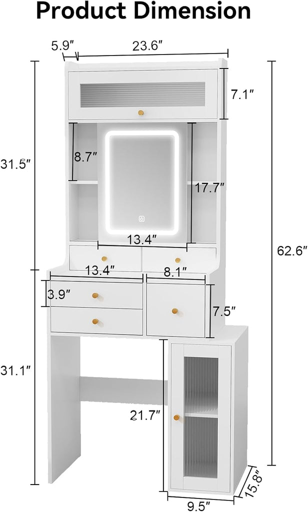 White Mini Vanity Desk with Sliding Mirror Lights and 5 Drawers | Makeup Vanities Set for Small Space,Compact
