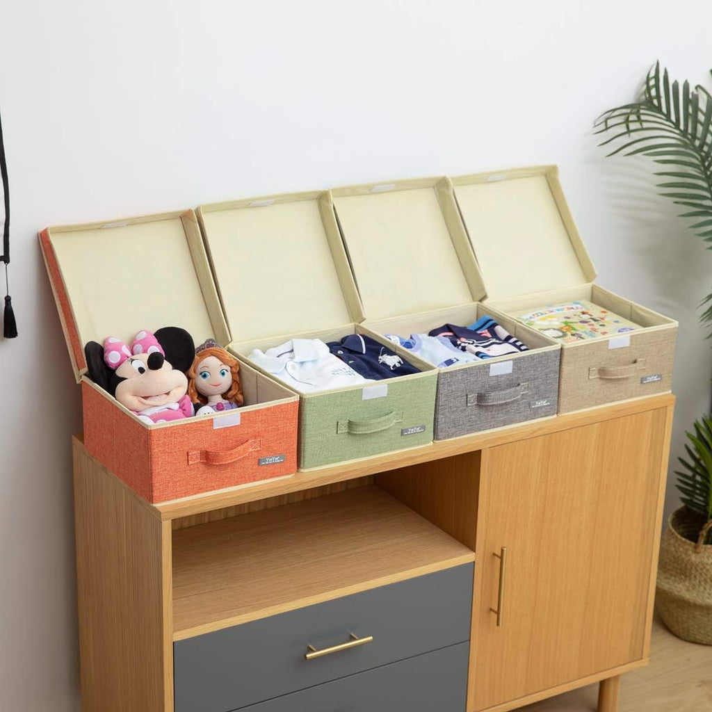 Fabric Storage Bins with Lids Small 4 Pack, Linen Foldable Storage Box with lids 4 Color Set 12.4in/12in/6.7in