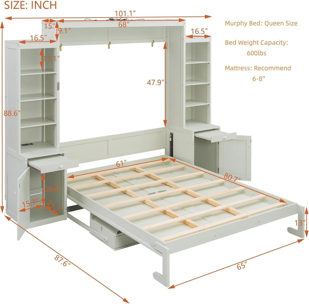 Queen Murphy Bed with Desk and Lights, Power Outlet, Foldable Murphy Cabinet Bed with Open Storage Shelves & Drawers