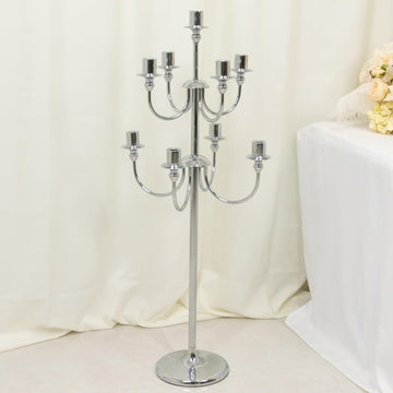 9-Arm Silver Metal Floor Candelabra Candle Holder, Vintage Classic Taper Candlestick Stand for Wedding, Party and