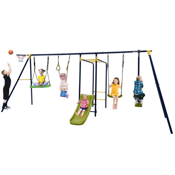 Swing Set, 660lbs 7-in-1 Heavy Duty Swingset Outdoor for Kids w/A-Frame Metal Swing Stand, 2 Swings, Glider, Gym