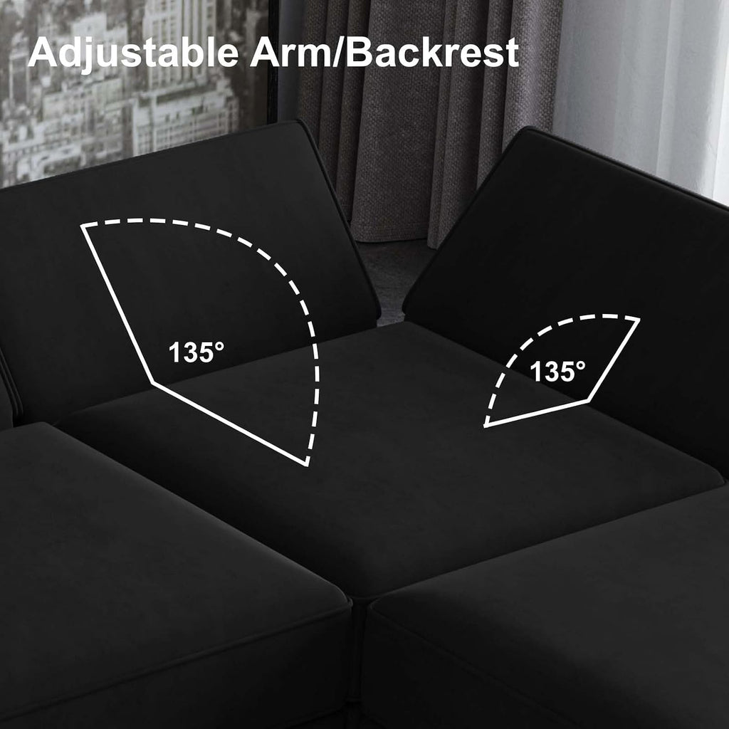 Modern L Shaped Velvet Sectional Sofa with Chaise, Black, Storage, Adjustable Arm/Backrest