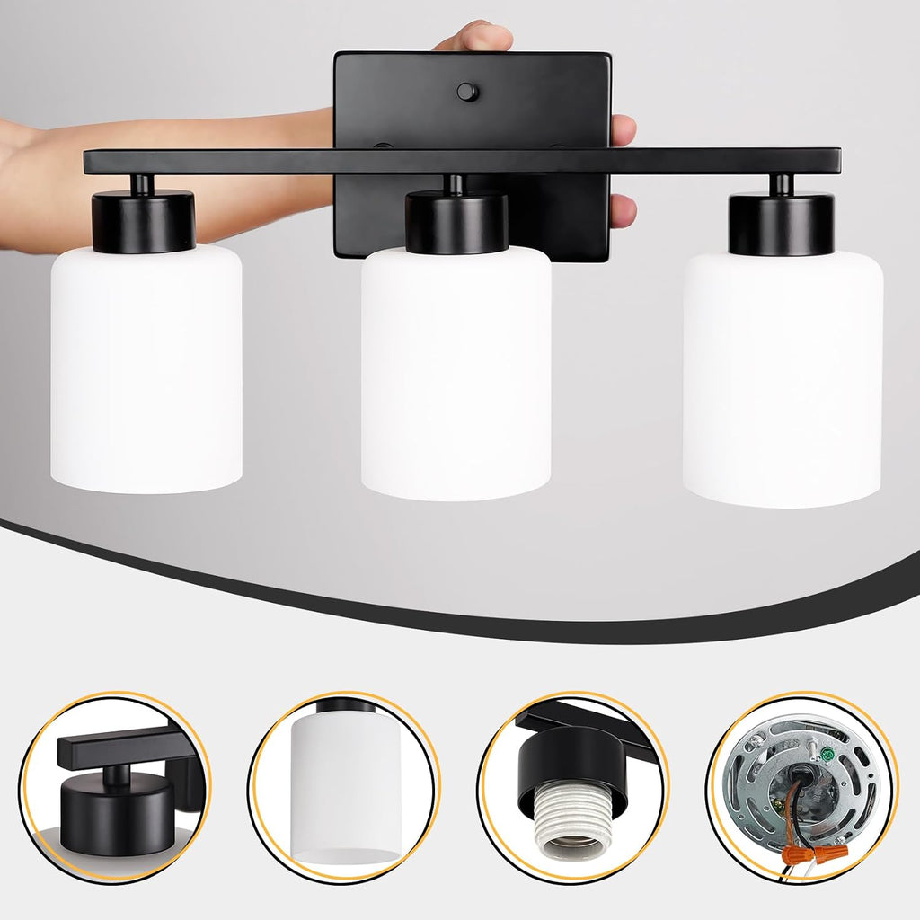 Black Bathroom Light Fixtures Vanity Lights Over Mirror | Modern 3-Light lighting fixtures with Milky White Frosted