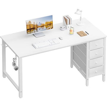White Computer Desk with Drawers - 55 Inch Long Study Work Writing Desk Bedroom, Reversible Simple Modern Cute PC