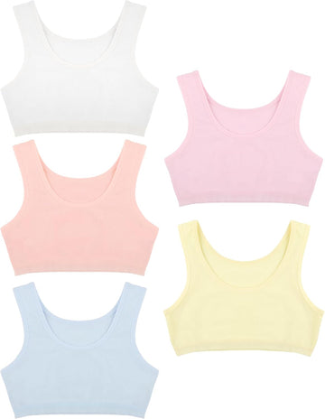 Girls Training Bras - Soft Cotton Kids Sports Bra, 5 Pack Crop Tops